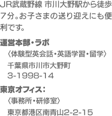 JR武蔵野線 市川大野駅から徒歩７分。お子さまの送り迎えにも便利です。運営本部・ラボ〈体験型英会話・英語学習・留学〉千葉県市川市大野町3-1998-14、東京オフィス〈事務所・研修室〉東京都港区南青山2-2-15